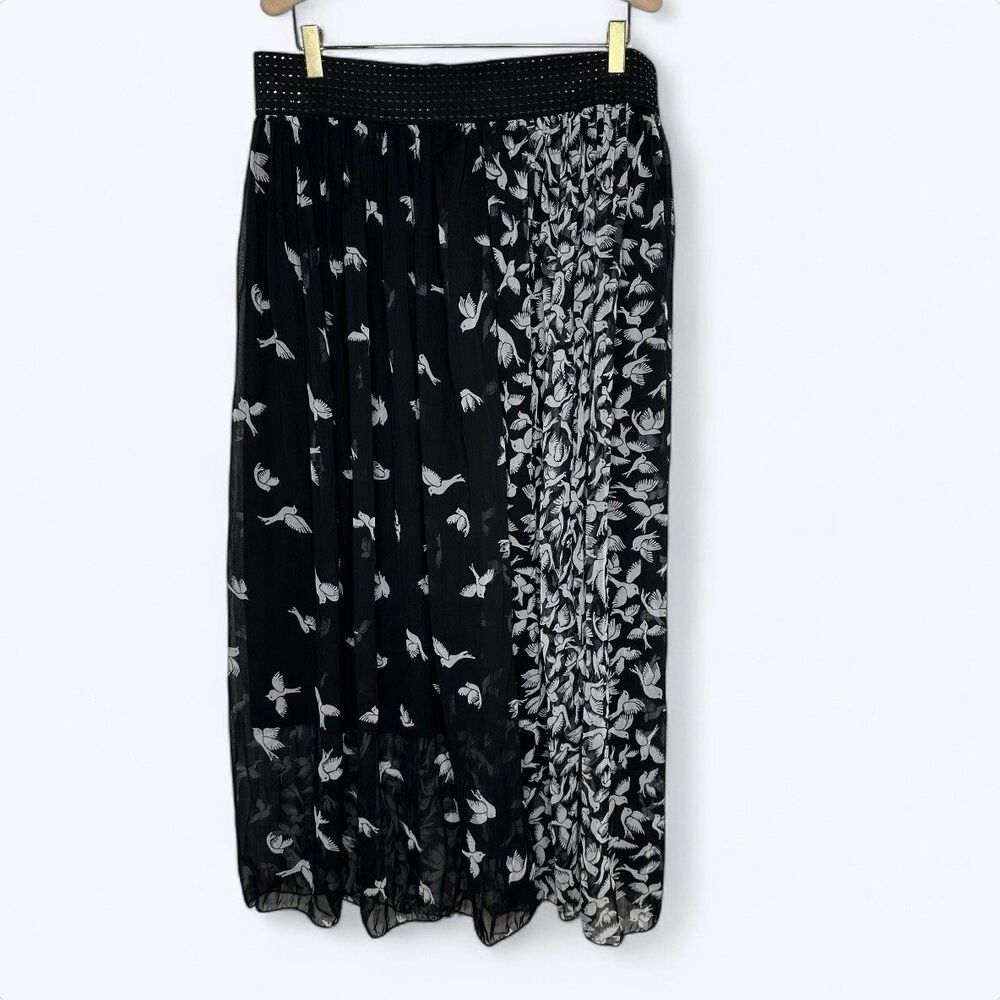 Magic Chiffon Midi Skirt‎ Womens Sz 3X Bird Print Lined Elastic Waist Repaired
